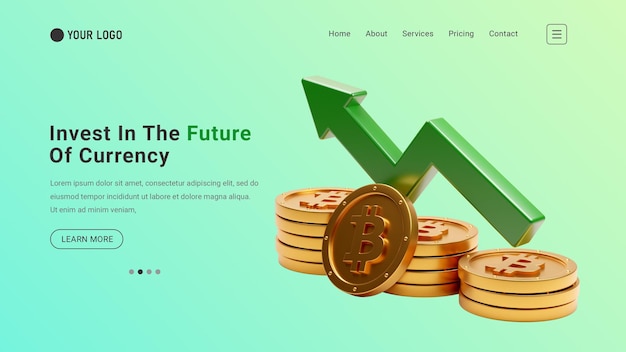 3 d スタック ビットコインと緑の矢印の概念を持つランディング ページのウェブサイトへの投資