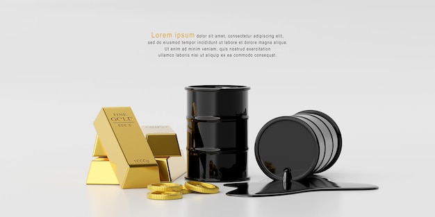 PSD concetto di investimento, pila di lingotti d'oro con barile di petrolio con modello di moneta da un dollaro