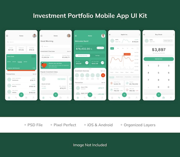 PSD investment portfolio mobile app ui kit