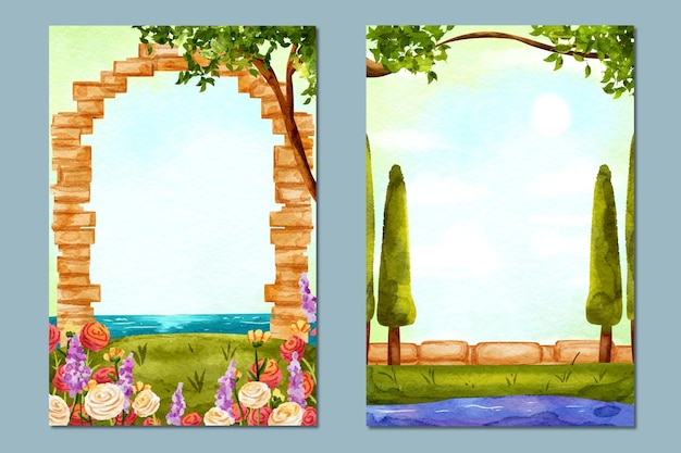 Invitation card template with illustration of blooming flower garden and brick archway