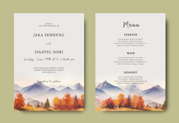 Invitation card template with mountain view in autumn watercolor style