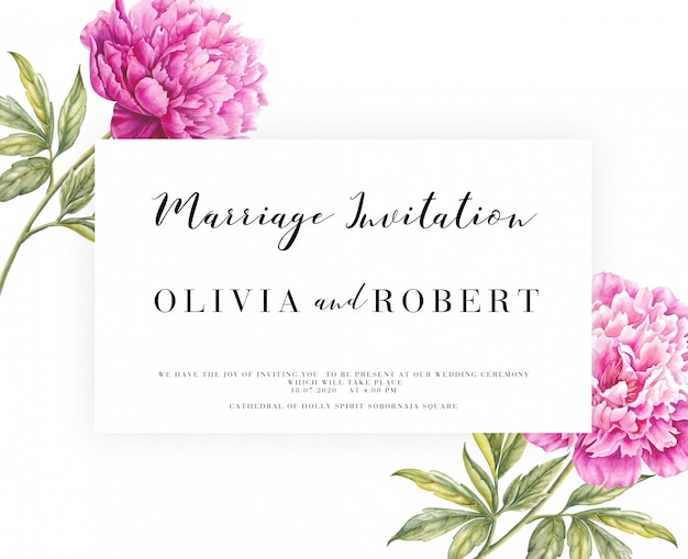 Invitation card with pink peony flowers