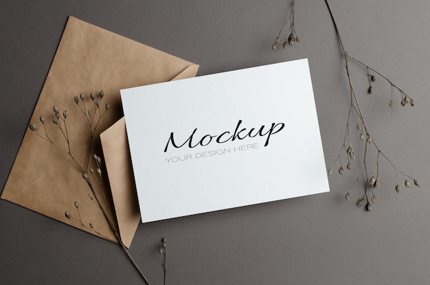 invitation or greeting card mockup with dry twigs and envelope