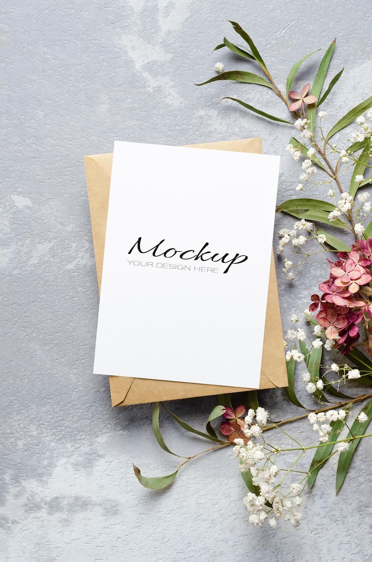 PSD invitation or greeting card mockup with envelope, eucalyptus, gypsophila and hydrangea flowers
