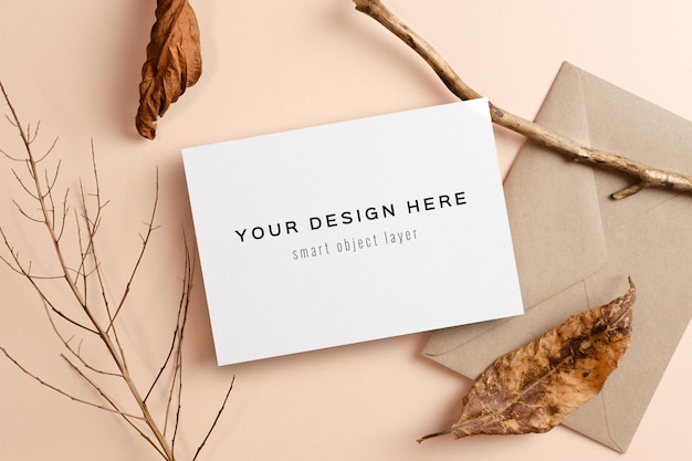 Invitation or greeting card mockup with envelope and nature decorations