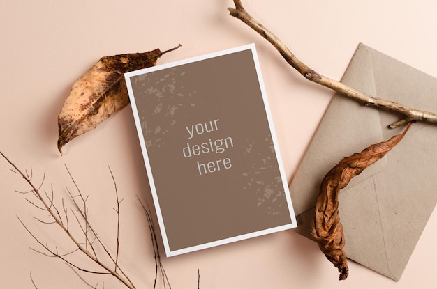 Invitation or greeting card mockup with envelope and nature decorations