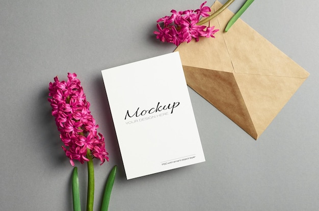 Invitation or greeting card mockup with hyacinth flowers