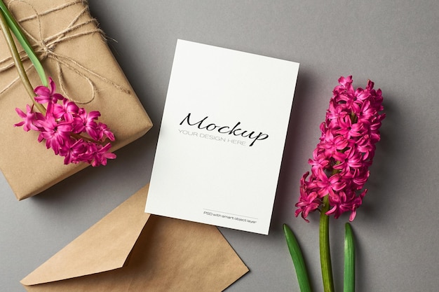 Invitation or greeting card mockup with hyacinth flowers