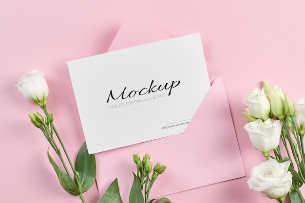 Invitation or greeting card stationary mockup with white eustoma flowers