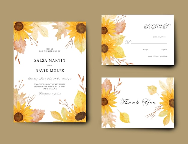 Invitation template with a bouquet of sunflowers and watercolor autumn leaves