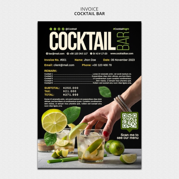 PSD invoice template for cocktail bar