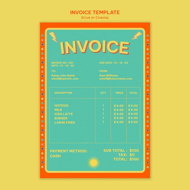 PSD invoice template for drive-in cinema experience