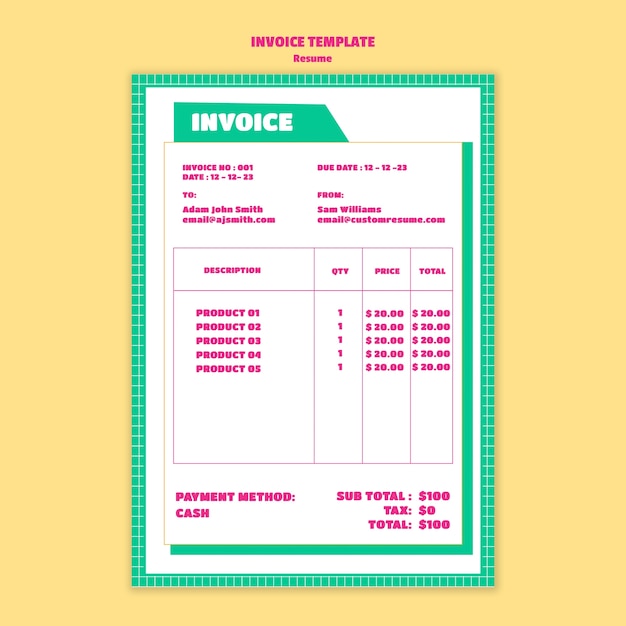 PSD invoice template for job resume