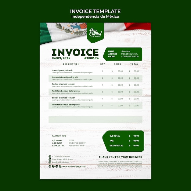 PSD invoice template for mexico independence day celebration