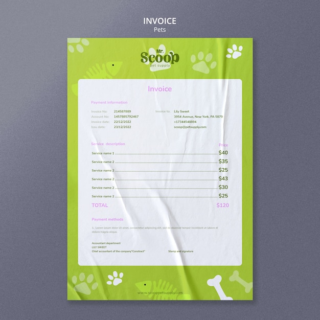 PSD invoice template with paw prints for pet food