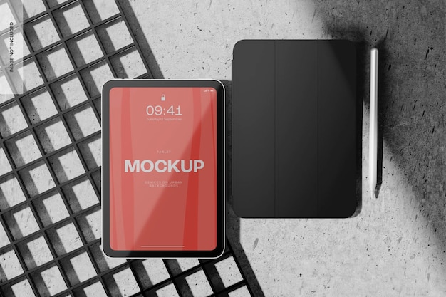 PSD ipad mini con custodia mockup, vista dall'alto