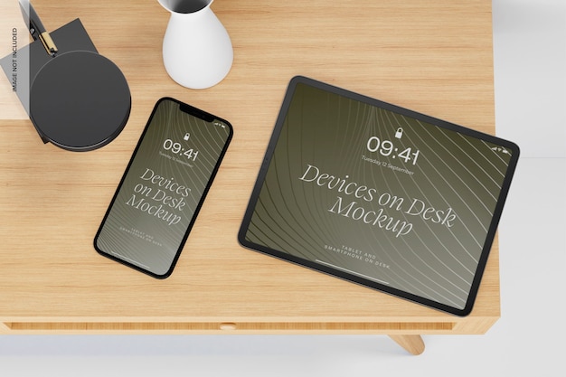 PSD ipad pro and iphone on desk mockup, top view