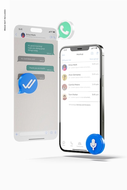 PSD iphone 12 en ui-scherm met whatsapp icons mockup