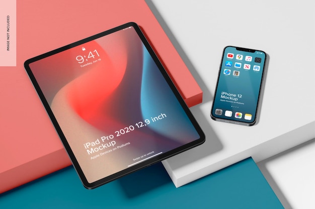 PSD iphone 12 and ipad pro with podium mockup, high angle view