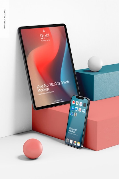 PSD iphone 12 e ipad pro con podium mockup