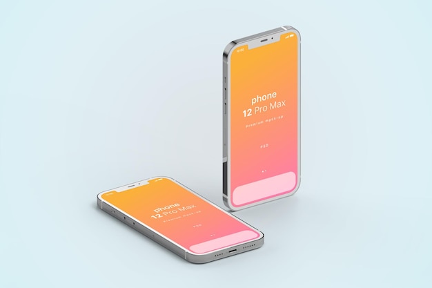 Iphone 12 pro max rechtop in isometrische weergave psd-mockup