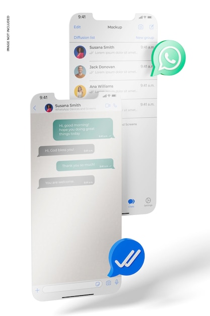 PSD iphone 12 screens with whatsapp icons mockup, floating