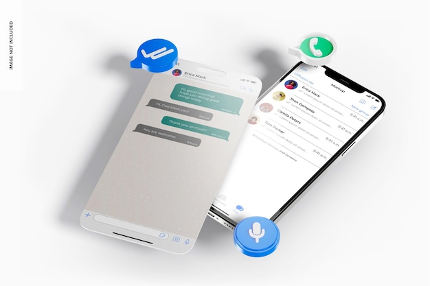 Iphone 12 and ui screen with whatsapp icons mockup, high angle view