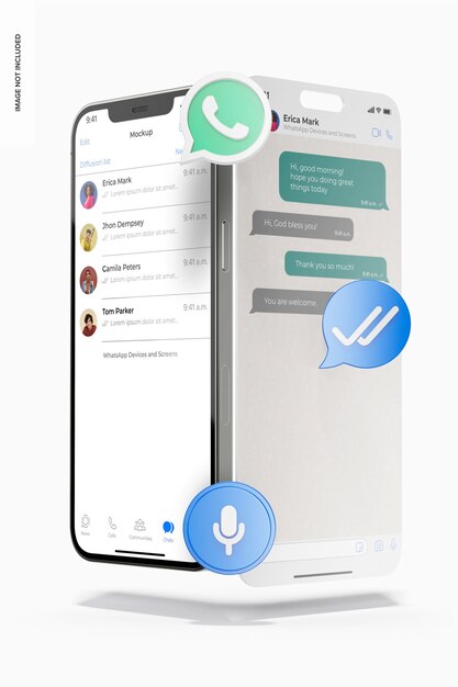 PSD iphone 12 and ui screen with whatsapp icons mockup, right and left view