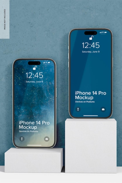 PSD iphone 14 on podium mockup, front view