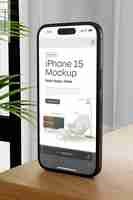 PSD iphone 15 in home scenario mockup perspective