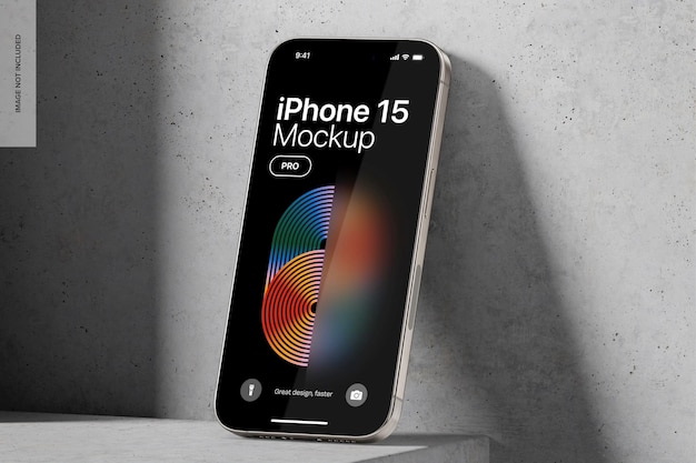 PSD iphone 15 pro su mockup di cemento vista a destra