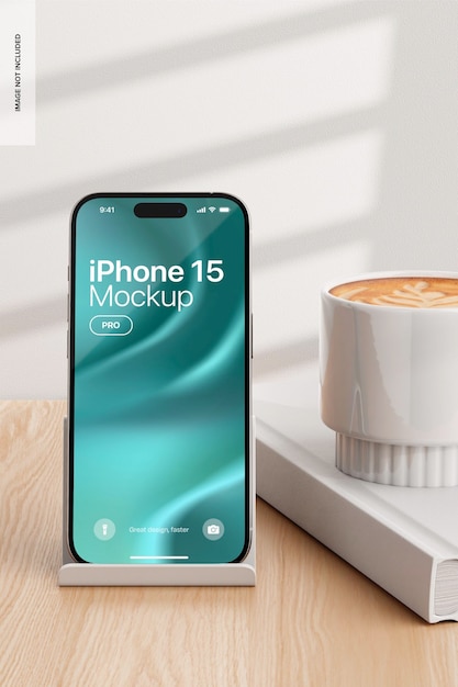 Mockup di iphone 15 pro nello spazio di coworking vista anteriore