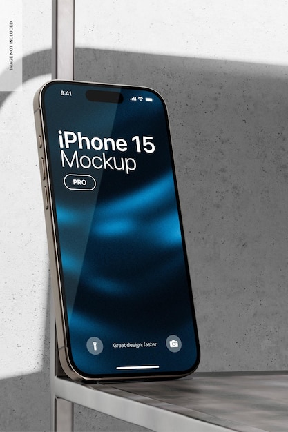 iphone 15 pro on minimalist table mockup leaned