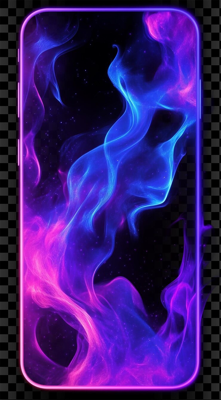 PSD iphone behang met paarse en blauwe vlammen op doorzichtige achtergrond