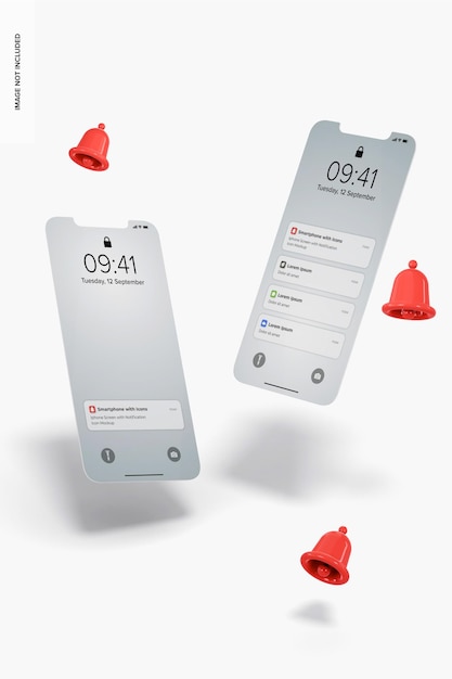 Iphone screens with notification icon mockup, floating