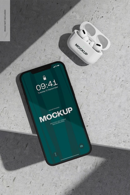 AirPods Pro가 탑재된 iPhone 도시 배경 모형, 평면도