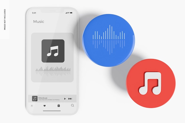 PSD 음악 노트 아이콘 및 기본 아이콘 목업, 탑 뷰가 있는 iphone