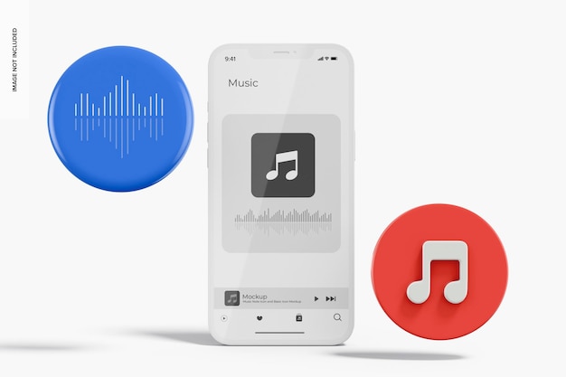 音符アイコンと基本アイコンのモックアップを備えた iPhone、正面図