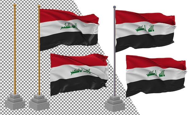 PSD iraq flag waving different style with stand pole isolated 3d rendering