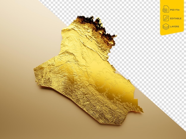PSD Карта ирака золотой цвет металла карта высоты на бежевом фоне 3d иллюстрация