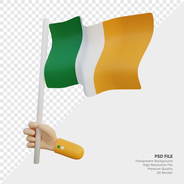 PSD illustrazione 3d della bandiera dell'irlanda con la mano che la tiene