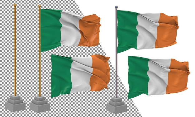 PSD ireland flag waving different style with stand pole isolated 3d rendering