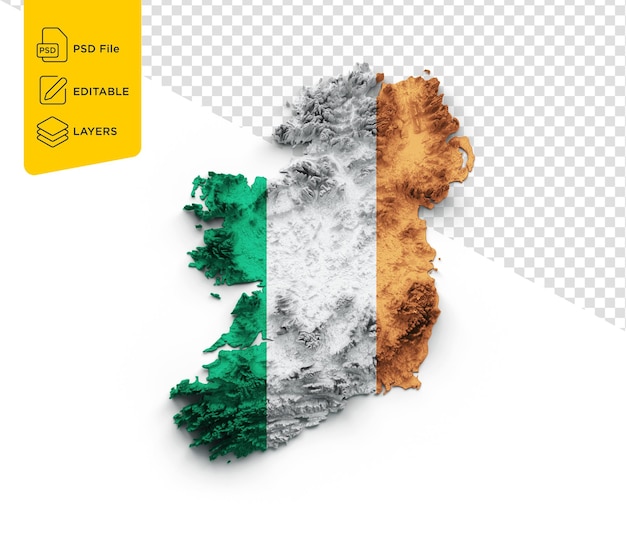 PSD ireland map ireland flag shaded relief color height map on isolated background 3d illustration