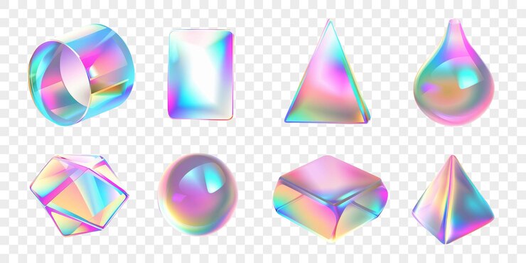 PSD イリデッセンス 3d ジオメトリック・フォーム・コレクション ホログラフィック 3d フォーム・セット・オン・アイソレート・バックグラウンド