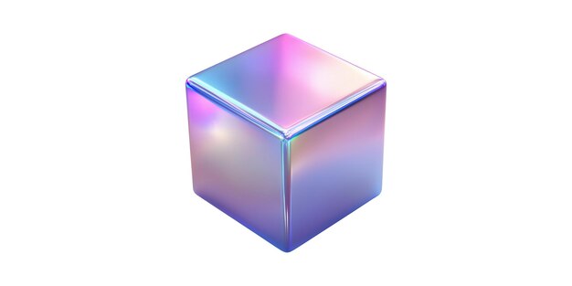 iridescent cube with shiny surface and colorful reflection isolated on transparent background