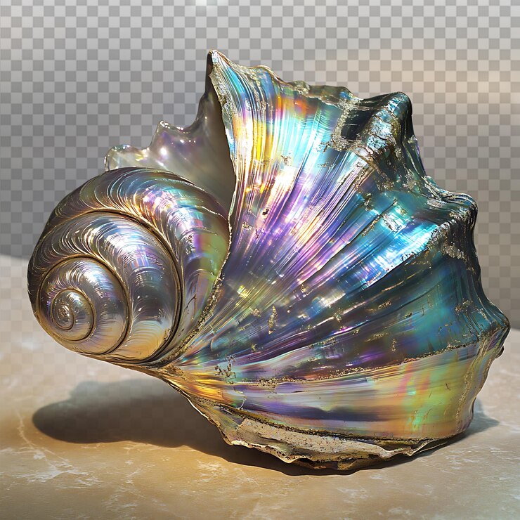 PSD iridescent seashells glimmering on a sandy beach background