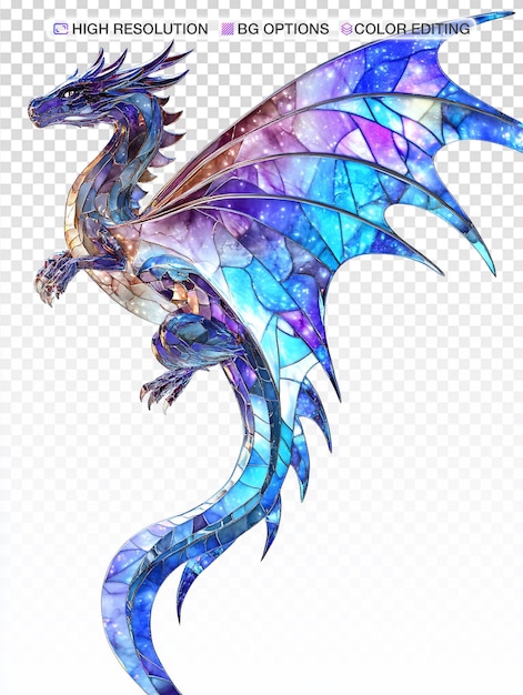 iridescent stained glass dragon soaring through a cosmic sky