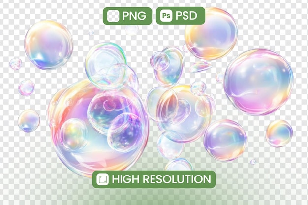 Iridescente bubbels drijven en schitteren Het creëren van een droomachtige etherische scène met HighResolution PNG en PSD Downloads Een visuele verkenning van licht en transparantie