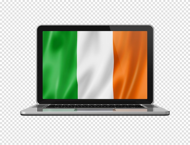 Irlandzka flaga na ekranie laptopa odizolowana na białej ilustracji 3D