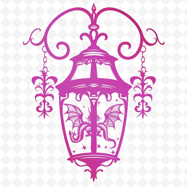 PSD iron lantern outline met dragon design en fleur de lis ac illustratie decor motifs collection